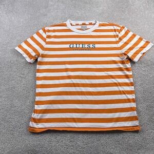 GUESS Shirt Mens Medium Orange White Stripes Streetwear Short Sleeve Embroidered